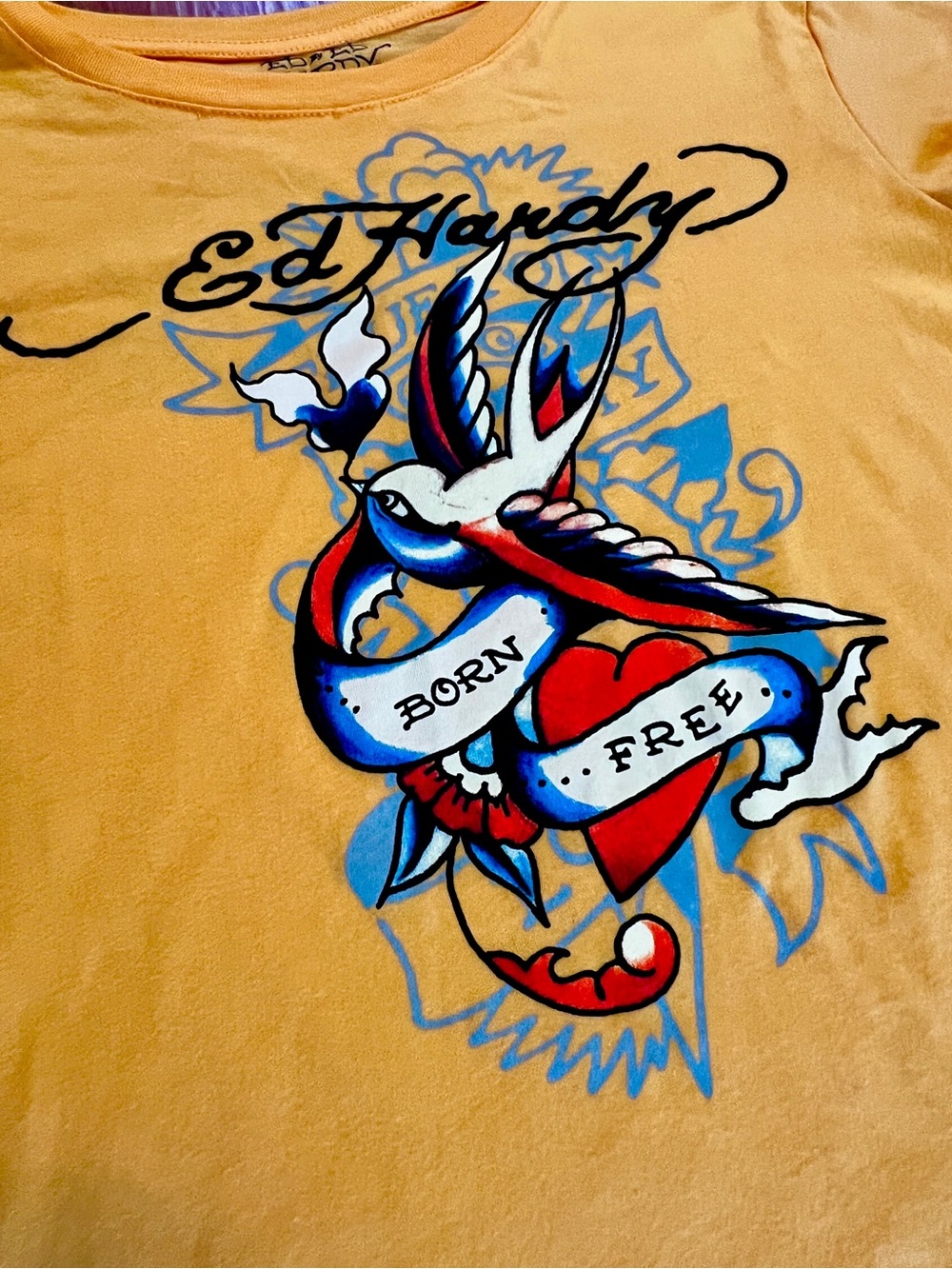 Ed Hardy Yellow Short Sleeve Graphic 'Born Free' Tee